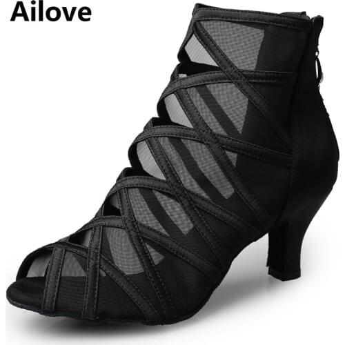 Fashion Ballroom Latin Salsa Dance Boots Women Social Dancing High Heels with Black Mesh Satin Cross Strap S027
