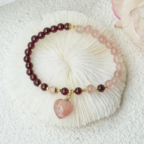 Love Heart Pendant 4mm Natural Freshwater Pearls/Garnet/Strawberry Crystal Beaded Bracelets for Women Fashion Jewelry YBR450