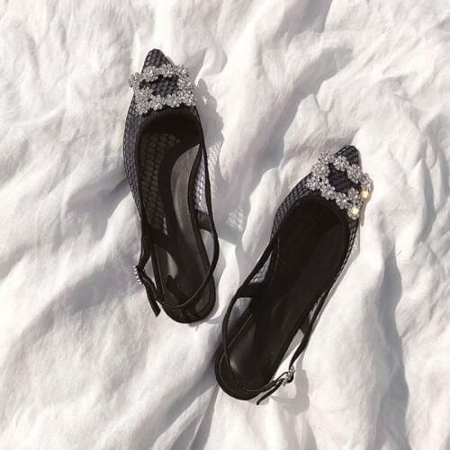 2019 spring and summer new style Rhinestone buckle Lace Fairy Sandals Pointy sexy mesh Flat bottom female flat sandals