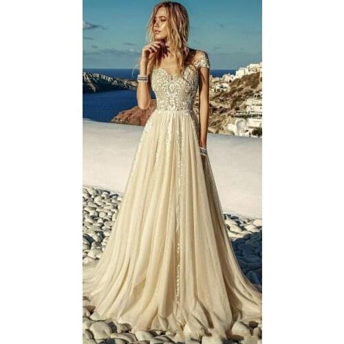 2021 Light Champagne Wedding Dresses Boho Beach Chiffon Lace A Line Appliques Long Bridal Gowns Robe De Mariee Vestido De Noiva