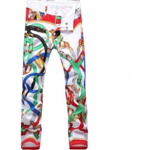 New Mens male stretch print slim jeans flower European fashion casual personality trendy pants trousers