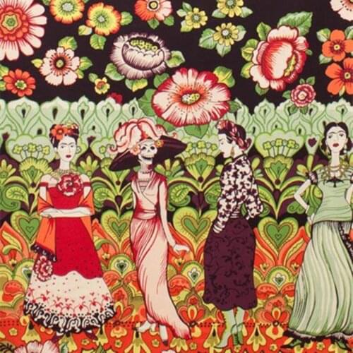 BZ35 100*140cm The Skeleton Woman Printed Retro Vintage Euramerican Style Elastic Cotton Twill Poplin Fabric For Women Dress