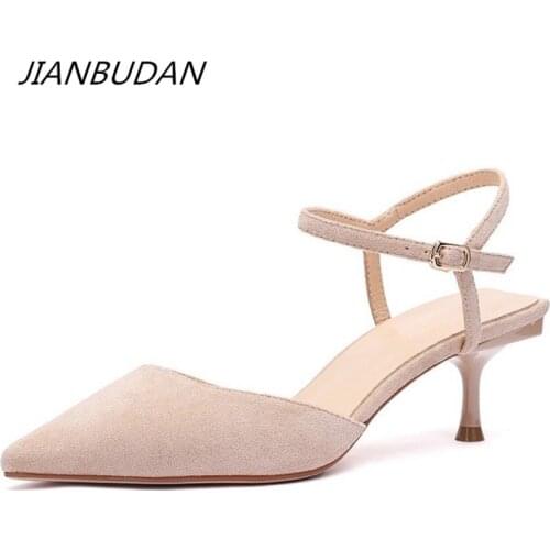 JIANBUDAN Womens Elegant Pointed Toe Banquet sandals 5.5cm High Heel baotou Office sandals Suede summer Womens Pumps sandals