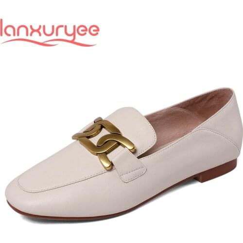 Lanxuryee genuine leather square toe low heel metal decoration gladiator deep mouth slip on spring comfortable women pumps L11