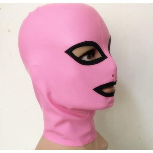 Unisex Pink and Black Trims Latex Rubber Mask Hood with Back Zip RLM011