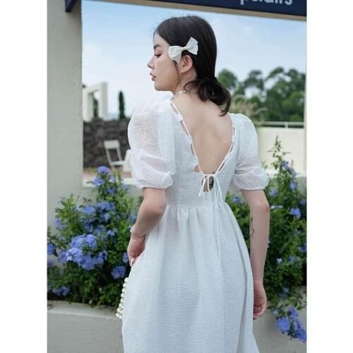 QOERLIN Sweet Dress Women Summer Puff Sleeve High Waist Black Party Dresses Female Blacklesss Prom Vestidos Midi Length Dresses