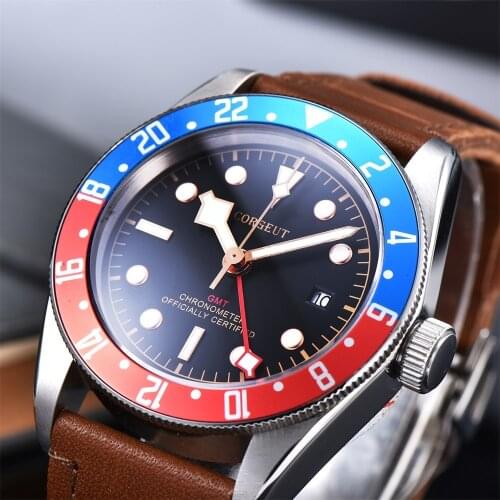 Corgeut Luxury Brand Schwarz Bay GMT Men Automatic Mechanical Watch Military Sport Swim Clock Leather Mechanical Wrist Watches