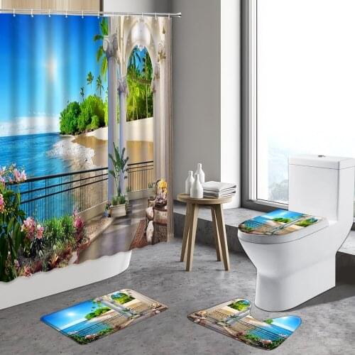 Small Town Seaside Scenery Shower Curtain Street Flower Landscape Design Bathroom Sets Non-slip Carpet Toilet Lid Bath Mat Rug