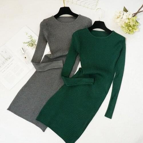 Autumn Winter Women Elastic Knitted Sweater Dress Sexy Slim Bodycon O-Neck Long Sleeve Bottoming Dresses Party Vestido 2021 FZ06