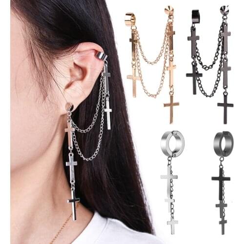 1PCS Cross Tassel Chains Ear Cuff Earrings for Women Girls Gothic Punk Style Cross Pendant Clip Earring Trendy Jewelry
