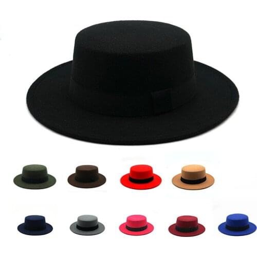 H:HYDE Fashion Women Winter Autumn Woolen Hat Classic Solid Color Felt Fedoras Hats Female Lady Wide Brim Flat Top Jazz Cap