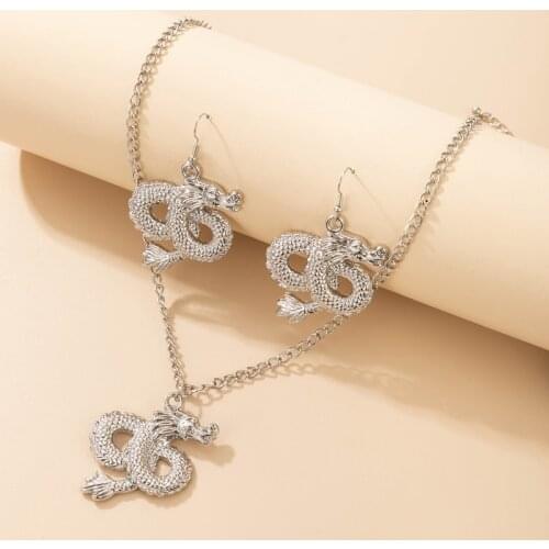 Tocona Classical Dragon Drop Dangle Earrings Silver Color Alloy Metal Pendant Necklace Jewelry Sets for Women Party 19101