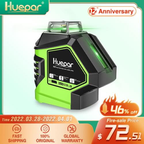 Huepar Green Beam Laser Level with 2 Plumb Dots Self-Leveling 360 3D Rotary Cross Line Vertical Horizontal 5 Line Measuring Tool