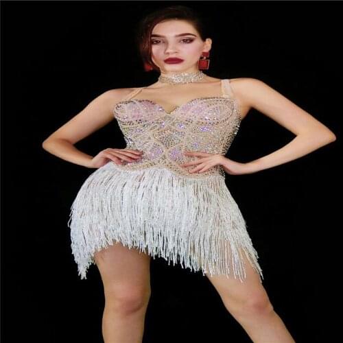 V6 Women perform pole dance tassels dress latin rhinestones skirt pearl crystal outfit ballroom costume catwalk bar party wear
