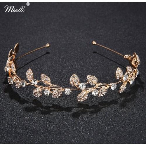 Miallo Rhinestone Pearl Crown Headband Vintage Crystal Bridal Tiaras Wedding Accessories Party Pageant Leaves Jewelry