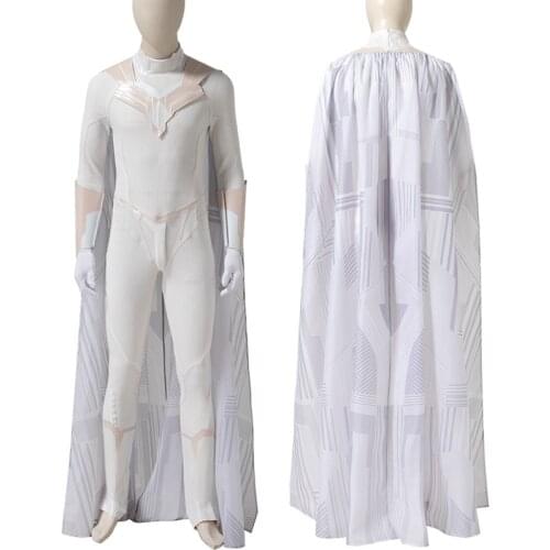 Adult Men Superhero WandaVision Cosplay Costume Vision White Battle Bodysuit Halloween Carnival Jumpsuit With Cloak