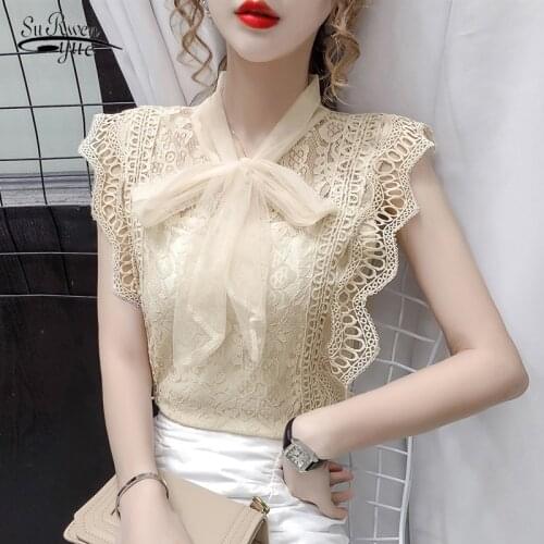 Korean Fashion Clothing Solid Hollow Out Shirt Vintage Sleeveless 2020 Womens Tops and Blouses Lace Patchwork Blusas 9811