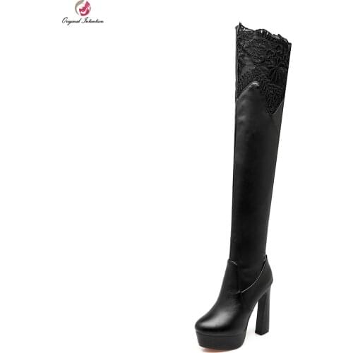 Original Intention Women Over the Knee Boots Fashion Round Toe Square Heels Boots Black Beige White Shoes Woman US Size 4-10.5