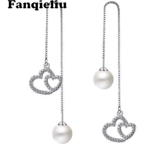 Fanqieliu Long 925 Sterling Silver Earrings Woman Luxury Crystal Heart Drop Earrings For Women Pearl Dangle Earrings FQL20072