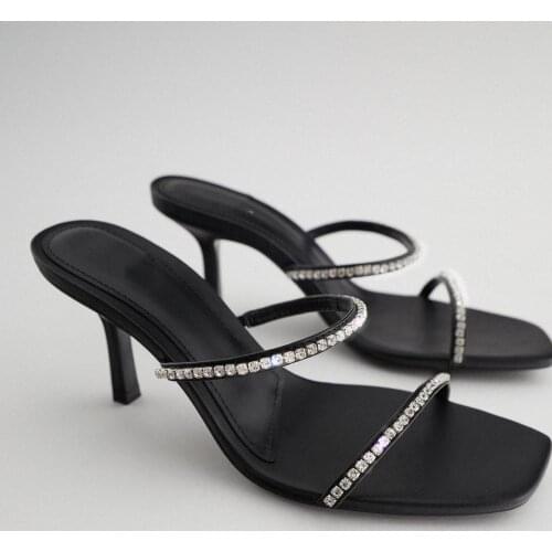 LNDASLY Womens shoes Black square head Rhinestone accessories High-heeled sandals