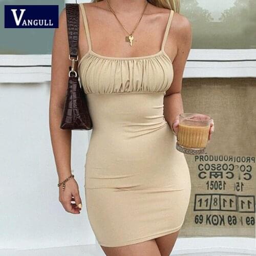 Vangull Sexy Solid Sling Wap Hip Dress Women Party Slash Neck Dress Summer Sleeveless Sheath Slim Backless Pleated Mini Dress