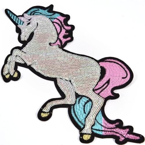 1PCS Unicorn Embroidered Patches Big Horse Rose Sequin Patch Iron On Fabric Badge Sew On Clothes Appliques DIY Wedding Stickers