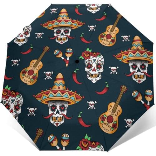 Automatic Umbrella Rain Women Three-folding Umbrella Mexican Skull Pattern Windproof Umbrella Female Waterproof parasol