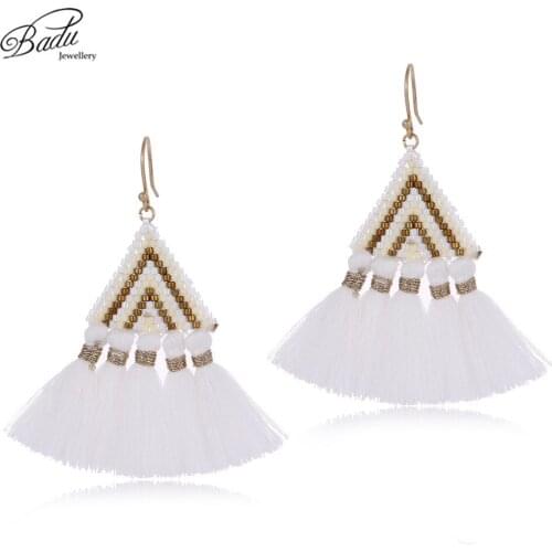 Badu Cotton Tassel Earring for Women Triangle Dangle Earrings Vintage Fashion Jewelry Gift for Girls Seed Beads Spring Summer