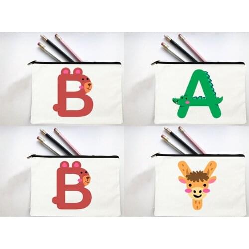 Animal Alphabet Cute Fun Pencil Bags School Student Canvas Bag Eco Portable Cosmetic Case Fashion Lipstick Bag Makeup Purse Gift