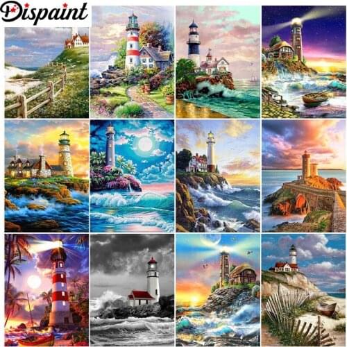 Dispaint Paint With Diamond Embroidery"Lighthouse water landscape"Diamond Painting Full Square Round Picture Of Rhinestone Decor