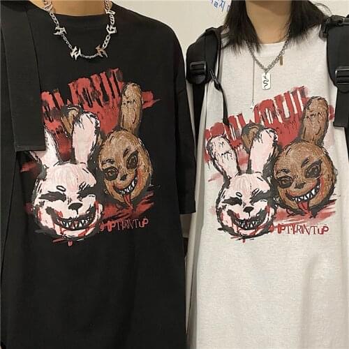 Japanese Anime Women T-Shirt Ulzzang Cartoon Dark Print Loose Harajuku Punk Black Cotton Vintage Short Sleeve Streetwear Clothes