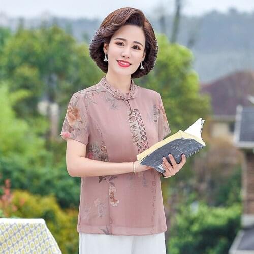 Chinese Style Women Slim T-Shirt Tops Lady Casual Lace Short Sleeve Shirt Ladies Tee Green/Pink/Blue Chiffon Tshirts 5XL