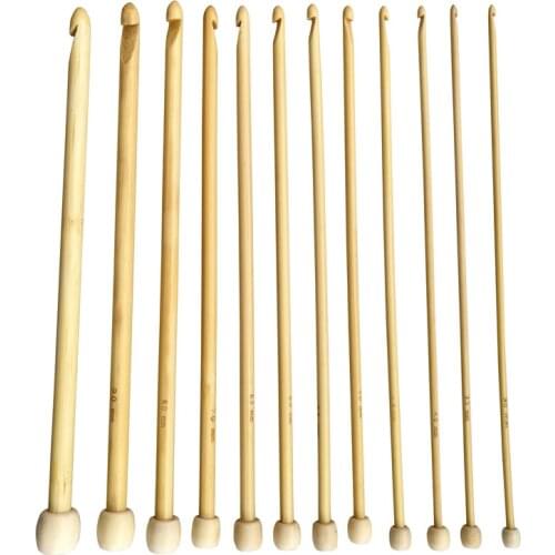 12Pcs/Set 25Cm Natural Color Natural Bamboo Single Pointed Afghan Tunisian Crochet Hooks Needles