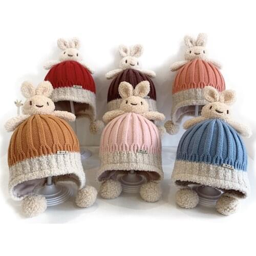 Hot 1-4 years old Boy girl Beanie Protect neck Cartoon animal Windproof Winter Child knit hat kids girls Wool Earflap Caps
