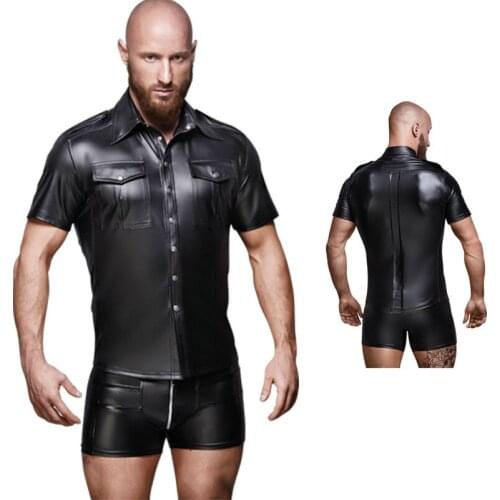 Men Faux Leather Shirts PU Leather T Shirts Sexy Fitness Tops Gay Latex T-shirt Buttons Tees Mens Stage Tops Tee Party Clubwear