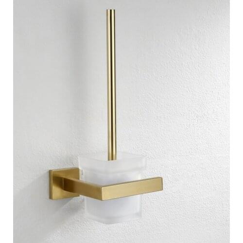Nordic Toilet Brush Holder Bathroom Hardware Set Wall Mounted Durable Cleaning Brush Glass Cup Brushed Golden Bathroom Hardware