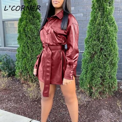 Autumn Winter PU Leather Blouse Shirt Jacket Long Sleeve Buckle Belted High Waist Black Trench Coat Woman Leather Jacket