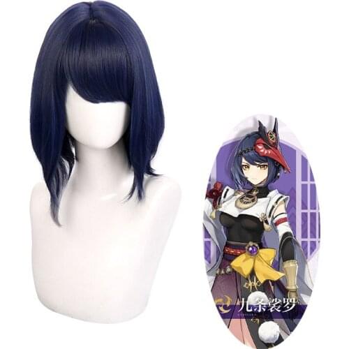 Genshin Impact Kujou Sara Cosplay Wig Crowfeather Kaburaya Cosplay Short Dark Blue Gray Girls Hair Inazuma + Wig Cap Accessories