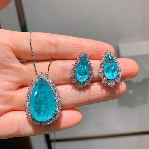 QTT Luxury 925 Sterling Silver Gift Sets for Women Girl Paraiba Tourmaline Gemstone Water Drop Accessories Earring Necklace 2021