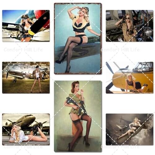 Sexy Pin Up Army Girl Sit On Airplane - Airforce Metal Wall Tin Sign Retro Tinplate Poster Bar Cafe Garage Home Decoration