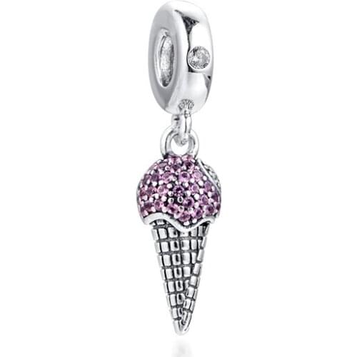 Pave Ice Cream Cone Dangle Charm Sterling Silver 925 Beads for Jewelry Making Fit Bracelet DIY Women Gift 021182
