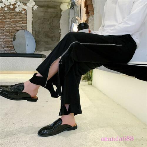 Stylish Men Elastic Long Straight Side Zipper Broken Hole Pants Trousers