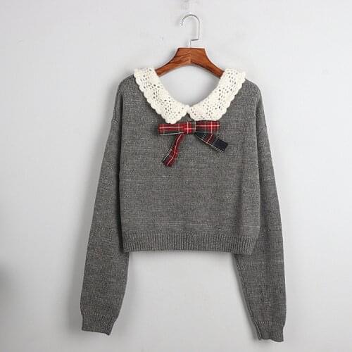 1101 2020 Autumn Sweater Free Shipping Lapel Neck Long Sleeve Kint Gray Bow Fashion Womens Clothes S m L dl