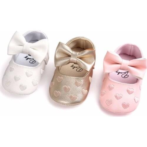 Toddler Girl Shoes Girl Infant Baby Princess Bowknot Soft Sole Girls Newborn Heart Print Bow Cute Gold Pink White 0-18M