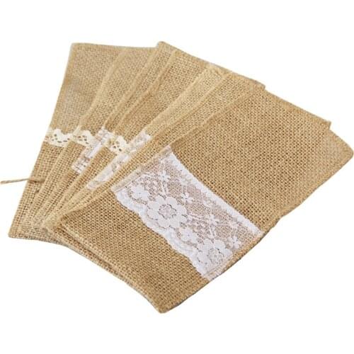 Vintage Home Jute Burlap White Lace Knife Fork Holder Event Party Supplies Cultery Birthday Wedding Decoration Tableware Bag
