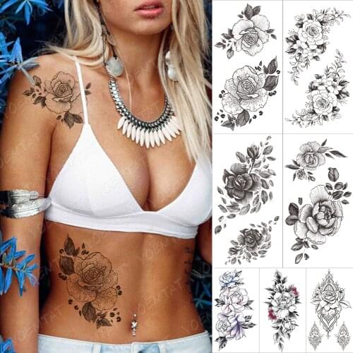 Waterproof Temporary Tattoo Sticker Peony Flower Plum Blossom Snake Tattoos Female Black Minimalist Line Body Art Fake Tatto