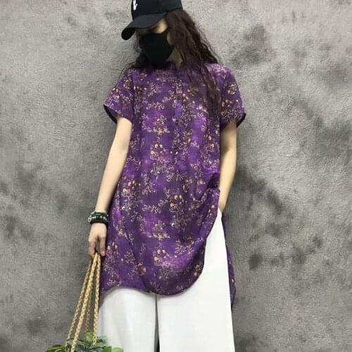 Summer 2019 womens new vintage ramie digital printing short sleeve T-shirt womens irregular long jacket women