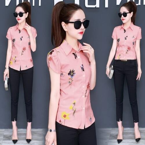 2020 summer new floral women shirts v-neck turn-down collar short-sleeved slim office lady elegant shirts outwear tops plus size