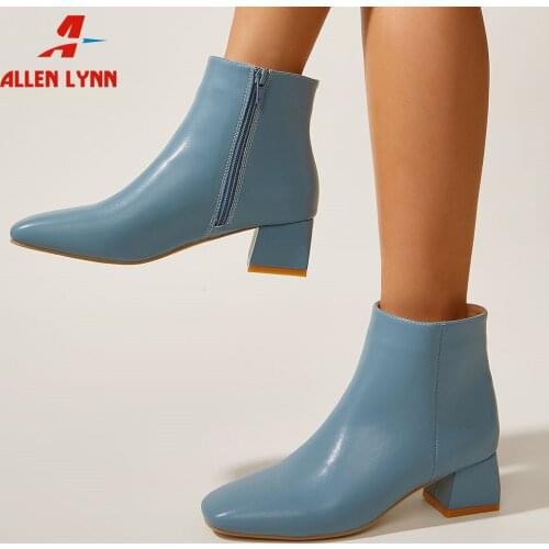 Womens Ankle Boots Square Toe Chunky Heels Zip Solid Concise Female Short Boots 2021 New Fashion Office Ladies Footwear Shoes