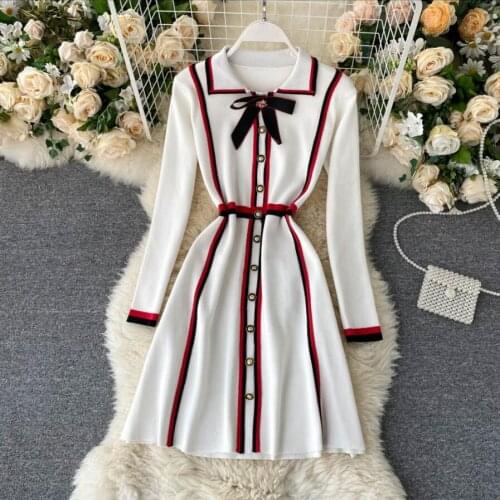 2021 Spring Summer Knit Bow Lapel Polo Dress Woman Plus Size Black Casual Knee-length Long sleeve A-line Dresses Female